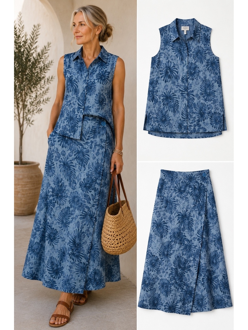 Jones New York 100% Linen 2 Piece Set Blue Wrap Skirt Coastal Resort Lagenlook